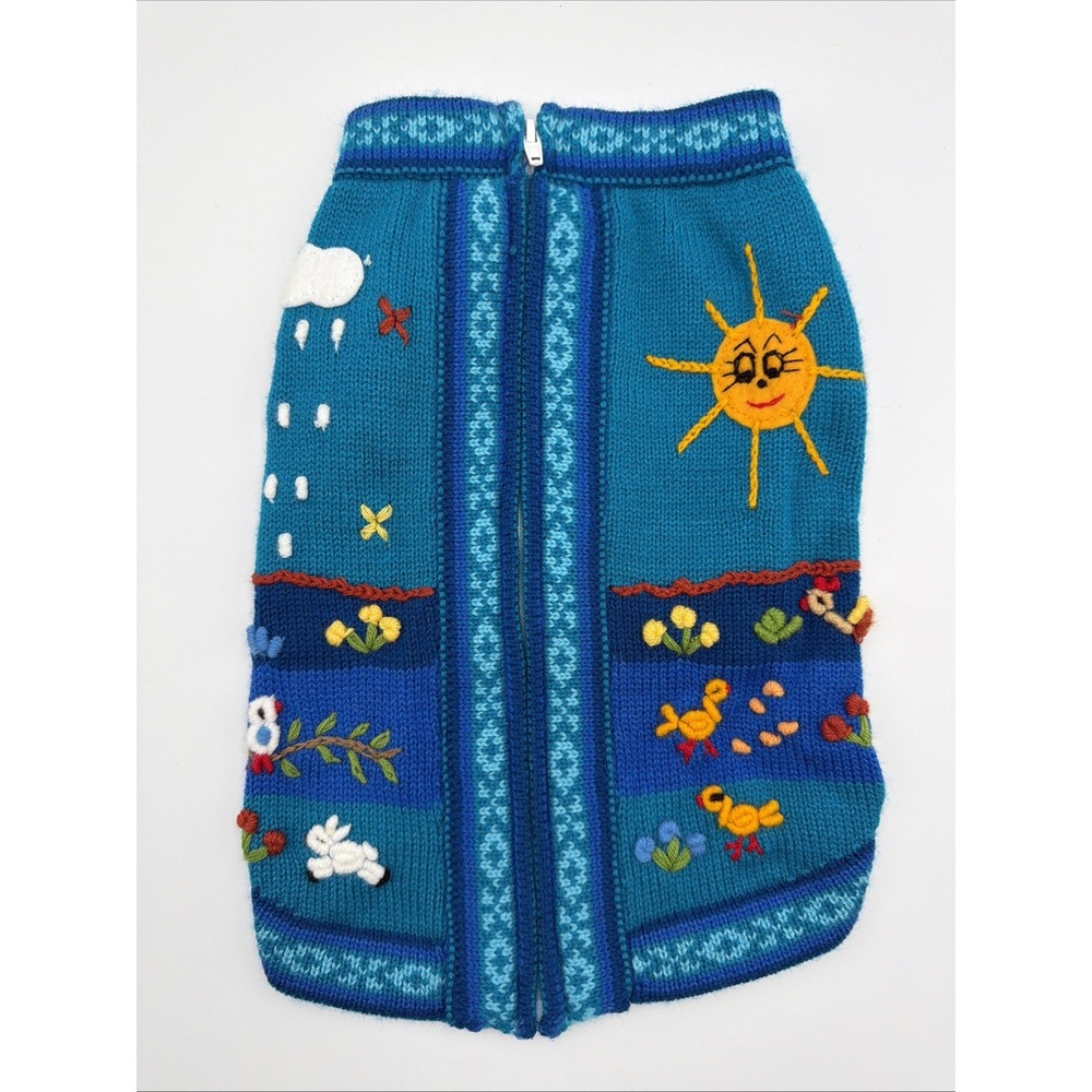 Peruvian Small Dog Cardigan Sweater Whimsical Applique Zip-up turquois Winter